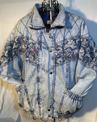 Chaqueta Bomber Vintage Rainbow West Denim Para Mujer GRANDE Azul Jean Retro Floral Foto 1 de 4