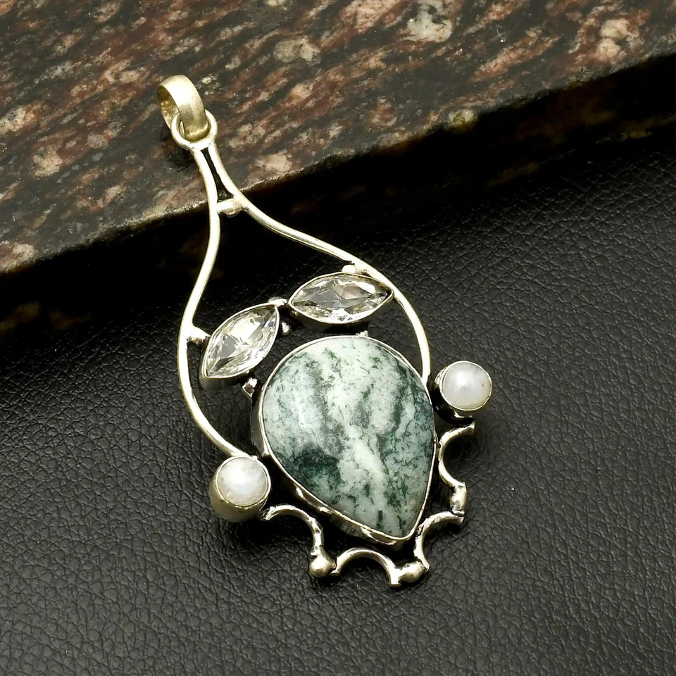 Musgo Ágata Topacio Blanco Piedras Preciosas Étnico Hecho a Mano Colgante Joyería Regalo 3" AP-43934 Foto 1 de 1