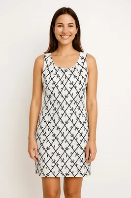 TALBOTS Dress Womens Size 14P White Black Linen Blend Embroidered Bamboo Sheath - Image 1 of 4