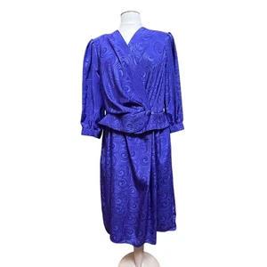 Womens Vtg Purple Swirl Dress 16W V-Neck Surplice Peplum 80s Semi Formal Office - Picture 1 of 11
