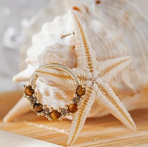 14k Yellow Gold Tiger Eye & Smoky Quartz Helix, Conch, Septum Clicker Nose Ring - Picture 1 of 9