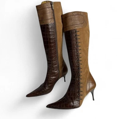 Botas hasta la rodilla de cuero vintage Avant Garde Just Cavalli marrón punta de cocodrilo Foto 1 de 4