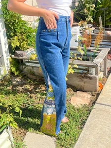 Vintage Womens Handmade Patchwork Quilted Jeans Sz 5 High Waist 24 Cowgirl Boho - Picture 1 of 11