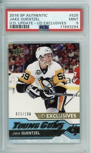 2016/17 UD UPPER DECK Jake Guentzel EXCLUSIVES YOUNG GUNS RC ROOKIE /100 PSA 9
