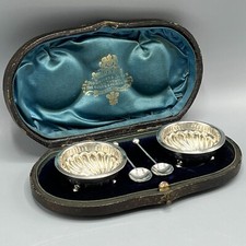 Antica coppia argento sterling sali e cucchiai di sale antica custodia aderente 1890