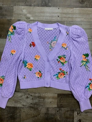 Alice + Olivia Womens Cropped Floral Puff Sleeve Cardigan Sweater Size S Purple - Image 1 of 4