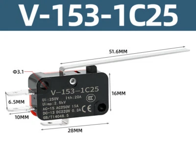 10x V-153-1C25 Limit Micro Switch Long Lever Roller Momentary SPDT Snap Action - Bild 1 von 4