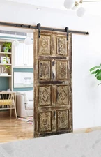 Rustic Sliding Door Panels, Barn Door, Limewash,Distressed Wood, Sunburst Carved