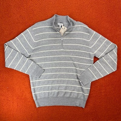 PETER MILLAR Mens MEDIUM Eastham Striped Quarter Zip Merino Wool Linen Grey $250 - Image 1 of 4