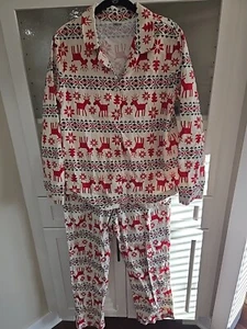 Women's MEDIUM Hanna Anderson Christmas Reindeer Flannel Pajama Set - Picture 1 of 7