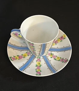 Steinbock Austria handbemalt blau mit rosa gelben Blumen Demitasse Tasse & Untertasse - Bild 1 von 5