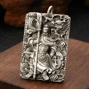 Colgante oblongo de dragón Guan Yu tallado afortunado de plata esterlina 925 maciza para hombre 51 g - Imagen 1 de 7