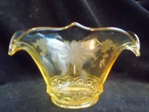 Vintage Lancaster Glass Yellow Topaz Cable Bowl Line 378 Etched Flower - Picture 1 of 8
