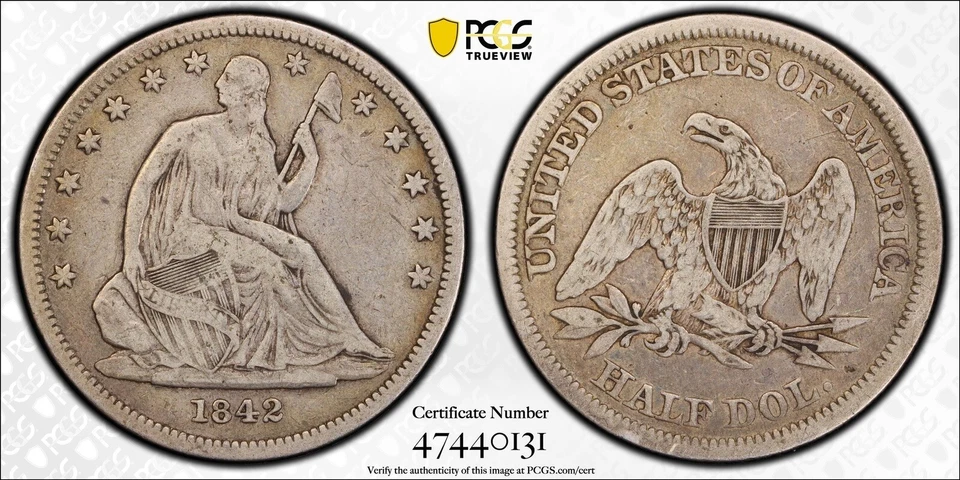Medio dólar de plata Liberty Seated 1842 raro fecha pequeña rev de 1842 graduación profesional F15 Foto 1 de 4