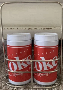 Coca Cola Salt & Pepper Tin Shakers With Metal Holder Rack 2012 - Picture 1 of 11