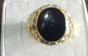 Real Solid 14K Yellow Gold Oval  Black Onyx  Vintage Style Ring Size 8 1/2((W8}}