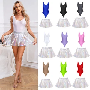 Womens Bodysuit Ruffled Bathing Suit Costume Flared Skirt High Waist Miniskirt - Picture 1 of 95