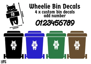 Juego de 4 calcomanías de vinilo para casa personalizadas con número de contenedor Wheelie escalofriante para gatos - Imagen 1 de 3