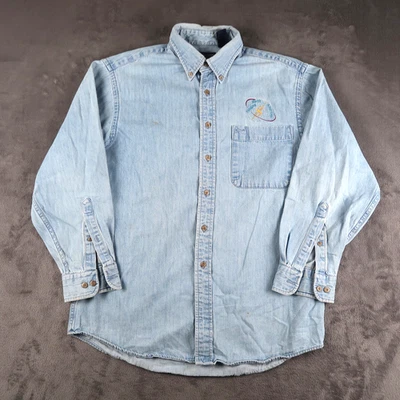 Vintage 90s Lands End Denim Shirt Mens M Blue Pocket Faded Workwear Made in USA - Image 1 of 4