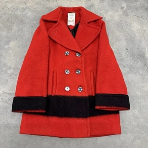 Vintage 70s Red Black Hudson's Bay Blanket Jacket Pea-Coat Satin Lined - Picture 1 of 18