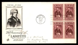 Mayfairstamps US FDC 1957 Pennsylvania block Lafayette anniversary art craft Fir - Picture 1 of 2