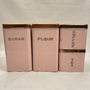 Vintage 1950’s Pink Canister Set 4 Metal Lincoln Beautyware Copper Tops - Bild 1 von 10