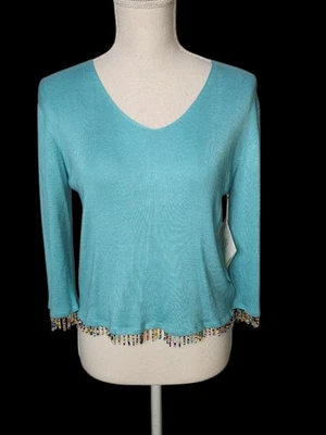Joseph A L Grande Para Mujer Seda Top Camisa Suéter Cuentas Flecos Turquesa Nuevo Con Etiquetas Nuevo Foto 1 de 4