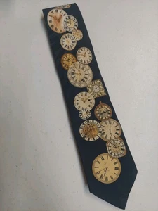 Museum Artifacts Clocks Watches Mens Neck Tie Dark Navy Blue 100% Silk - Picture 1 of 7