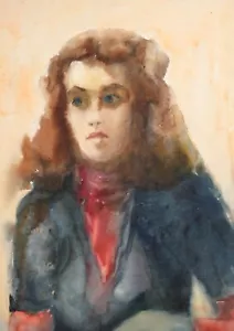 Pintura acuarela original vintage retrato mujer - Imagen 1 de 14