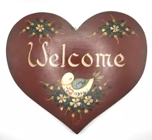 Vintage Welcome Wooden Heart Sign w/ Hanger Hand Painted Folk Art 1989 - Bild 1 von 5