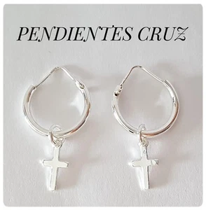 PENDIENTES CRUZ CRUCES ARO PLATA DE LEY EARRINGS CROSS CROSS SILVER OF LAW - Picture 1 of 3