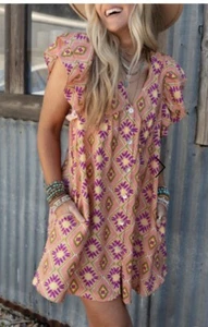 Very J Boho Orange Geometric Floral V Neck Buttoned Ruffled Sleeve Mini Dress M - Picture 1 of 11