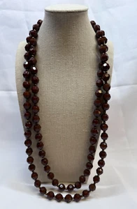 Long Dark Chocolate Faceted Glass Beaded Necklace w/small gold tone spacers - Picture 1 of 9