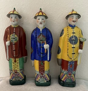 VTG Porcelain Qing Emperor Statues Circa 1950-60s 16" Tall Hand Painted Set Of 3 - Picture 1 of 23