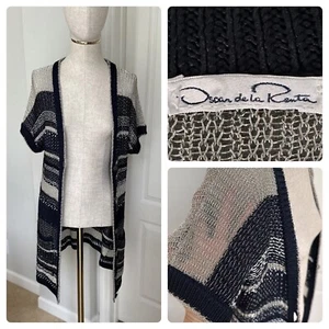 Oscar De La Renta Stripped Silk Metallic Knitted Cardigan - Picture 1 of 9