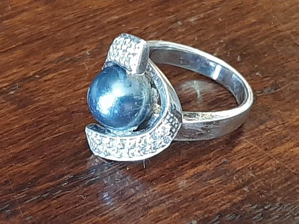 Anello -Argento- Perla Nera Di Tahiti-E Cristalli - Vintage - Immagine 1 di 4