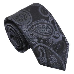 Black & Charcoal Boys Regular Tie Woven Paisley Bohemian Wedding Necktie by DQT - Picture 1 of 3