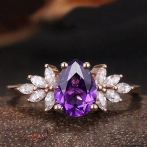 4.40Ct Pear Cut Natural Amethyst & Diamond Engagement Ring 18K Rose Gold Plated - Picture 1 of 17