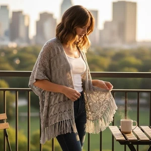 Ya Los Angeles Cardigan Womens Medium Gray Open Knit Crochet Fringe Kimono Boho - Picture 1 of 7