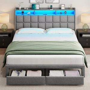 LED King Size Bed Frame with 2 Storage Drawers Upholstered King Bed Frame and He - Picture 1 of 7