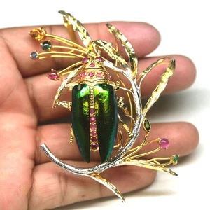 925 Silver Red Ruby, Sapphire & Citrine Jewel Beetle Wings Brooch/Pendant - Picture 1 of 4