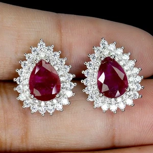 925 Sterling Silver Earrings Pear Ruby 8x6mm Natural Gemstone Jewelry - Picture 1 of 14