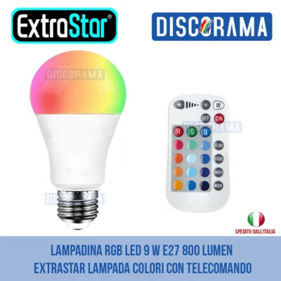 LAMPADINA RGB LED 9 W E27 800 LUMEN EXTRASTAR LAMPADA COLORI CON TELECOMANDO - Immagine 1 di 4