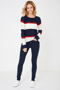 Ladies Womens Navy Multi Bold Stripes Longsleeve Side Slit Knitted Jumper