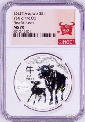 2021 Australia .9999 Bullion Silver Lunar Year of the OX NGC MS70 1oz $1 Coin - Image 1 of 2