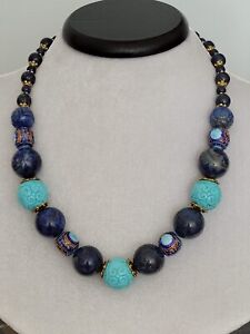 OOAK HANDMADE ARTISAN NECKLACE WITH NATURAL LAPIS LAZULI AND CARVED TURQUOISE
