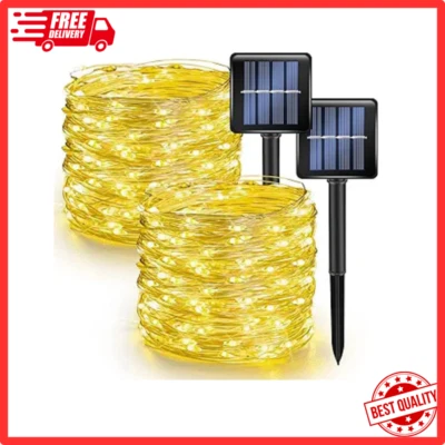 Paquete de 2 luces solares para exteriores 80 pies impermeables 8 modos alambre plateado blanco cálido Foto 1 de 4
