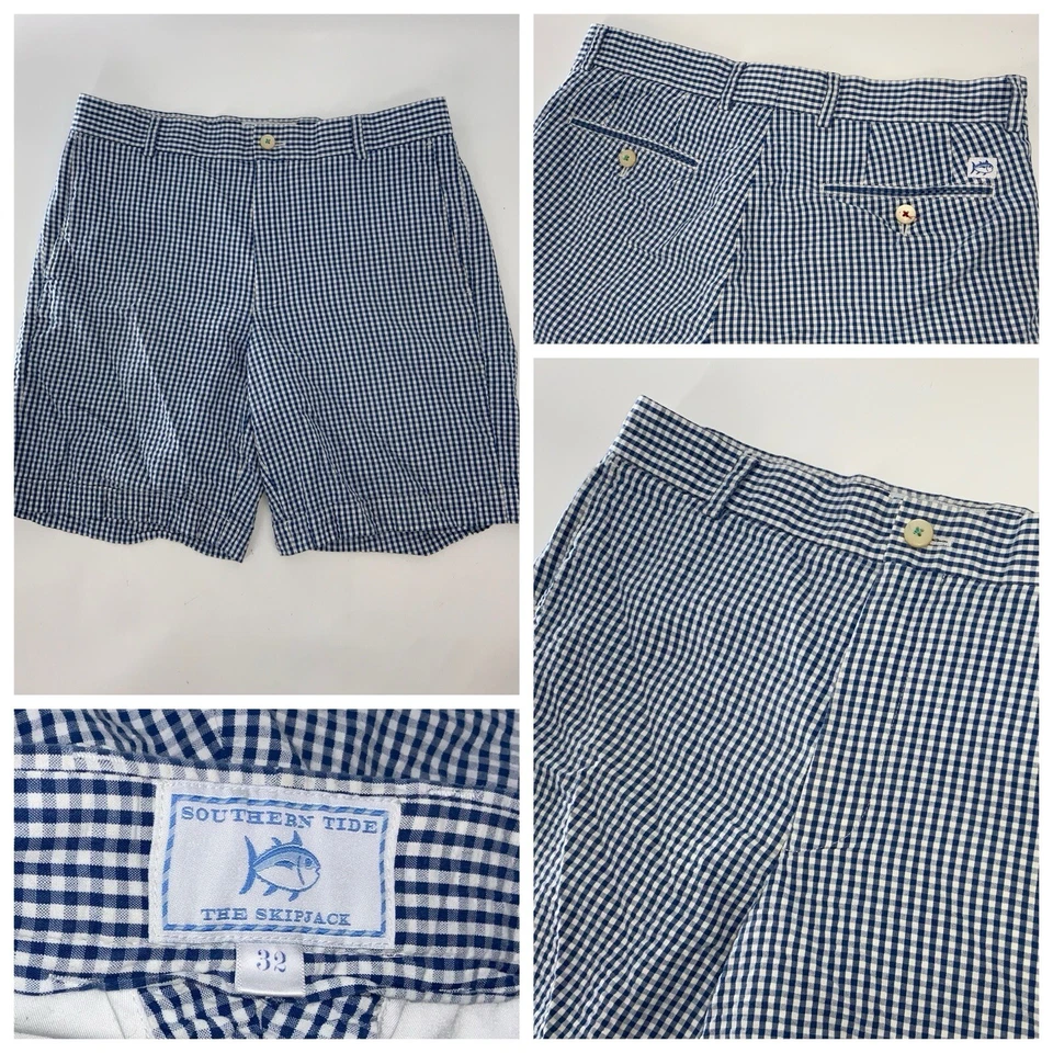 Southern Tide Seersucker Shorts Sz 32 Men Blue Check Cotton 8” Mint YGI W4-81 - Image 1 of 4