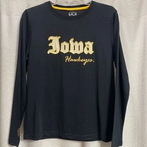 Iowa Hawkeyes bling T Shirt Size M spell out long sleeve Black/gold team spirit - Picture 1 of 9