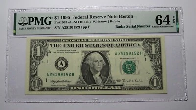 $1 1995 Radar Serial Number Federal Reserve Currency Bank Note Bill PMG UNC64EPQ - Image 1 of 2